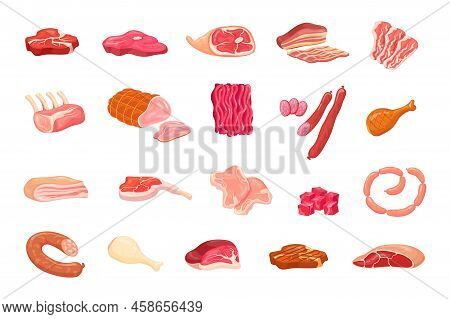 Cartoon Meat Variety. Pork And Beef Delicatessen For Cooking Lomo Gourmet Foods Sausage Clipart Ham 