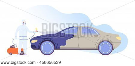 Car Painting Coating. Auto Painter With Airbrush Gun Spray For Paint Automotive Booth, Change Color 