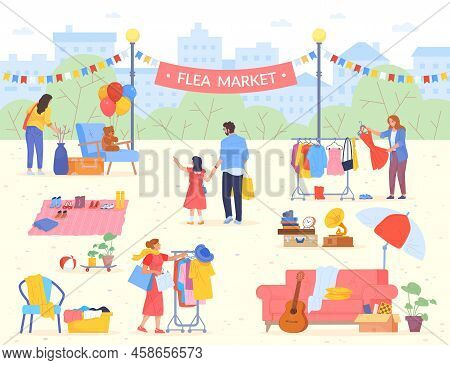 Shoppers On Flea Market. Outdoor Bazaar Seller, Garage Shop Second Hand Jewelry Swap Used Vintage Cl