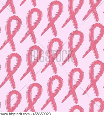 Pink Ribbon - Breast Cancer Awareness Symbol Emblem, Grunge Textured Hand Drawn Ink Paint Stroke Sea