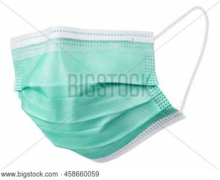 Green Medical Protective Face Or Surgical Earloop Mask Isolated On White Background With Clipping Pa