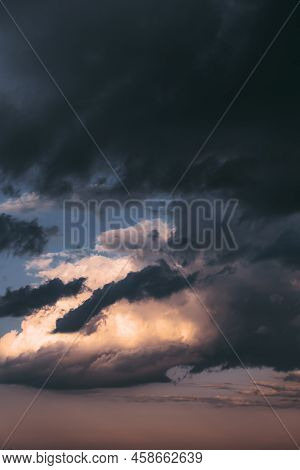 Beautiful Evening Sky With Multi-colored Bright Clouds. Rain Clouds At Sunset