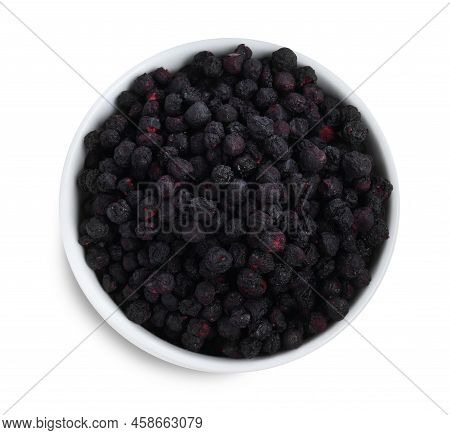Freeze Dried Blueberries In Bowl On White Background, Top View