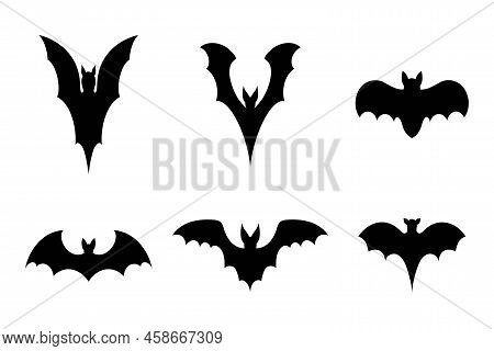 Set Of Black Silhouette Bats. Creepy Decoration Of Horror Design For Halloween Party. Spooky Backgro