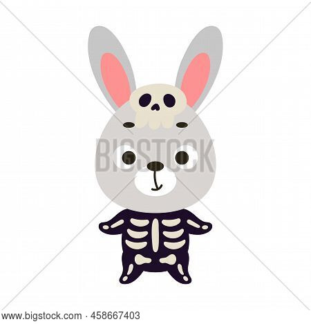 Cute Little Halloween Rabbit In A Skeleton Costume. Cartoon Animal Character For Kids T-shirts, Nurs