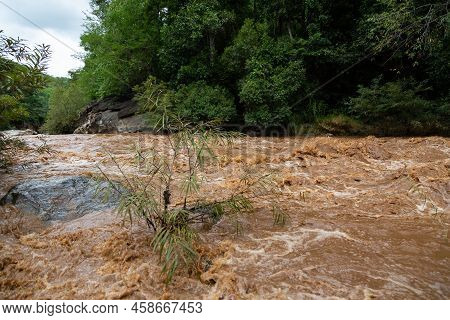 Natural Disaster,powerful Water Currents And Rapids Churning In Flowing Stream River,dangerous Flash
