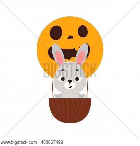 Cute Little Rabbit Flying On Halloween Hot Air Balloon. Cartoon Animal Character For Kids T-shirts, 