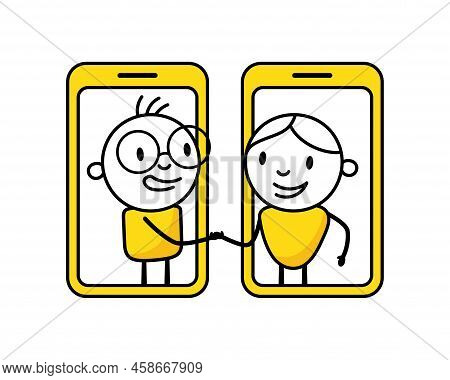 Men Shaking Hands Through Smartphone Screen. Handshake Of Business Partners. Vector Stock Illustrati