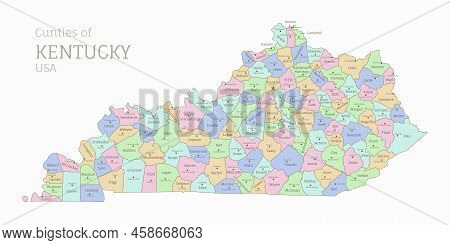 Political Color Map Of Kentucky, Usa Federal State. Highly Detailed Map Of Southeastern American Reg