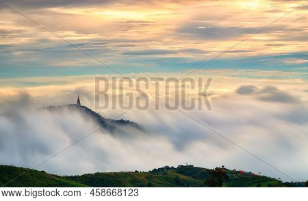 Viewpoint,mountain,mist At Sunrise Time In Phu Thap Boek With A Pagoda Temple In Phu Thap Boek ,phet