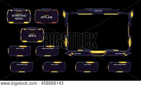 Live Stream Interface Elements, Overlay Frames And Buttons With Yellow Neon Glow. Vector Cartoon Tem