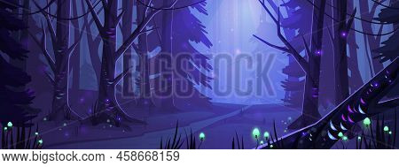 Night Forest Landscape With Trees And Road, Glowworms And Mushrooms Shining In Darkness. Wild Wood F