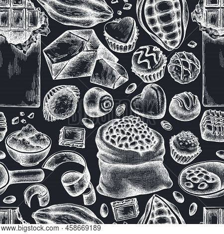 Seamless Pattern With Hand Drawn Chalk Cocoa Beans, Cocoa, Chocolate, Chocolate Candies Stock Illust
