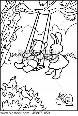 Cute Taddy Bear And Rabbit Swing On A Swing In Beautiful Corner Of The Forest. Coloring Book. Cartoo