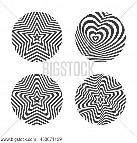 Set Of Round Abstract Patterns Of Black And White Lines For T-shirts, Posters, Clothes, Merch Design