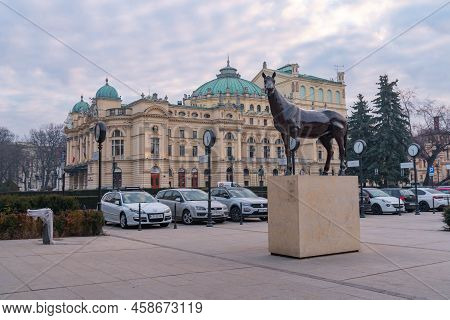 Krakow, Poland - 13 March, 2022: Statue Of A Horse With Three Legs Called 