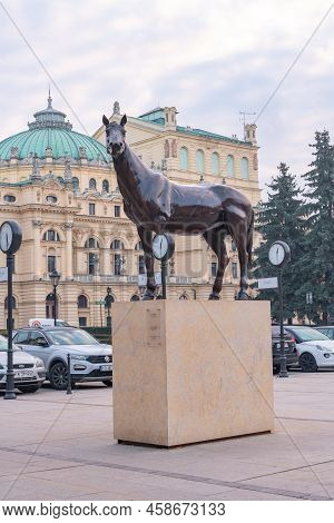 Krakow, Poland - 13 March, 2022: Statue Of A Horse With Three Legs Called 