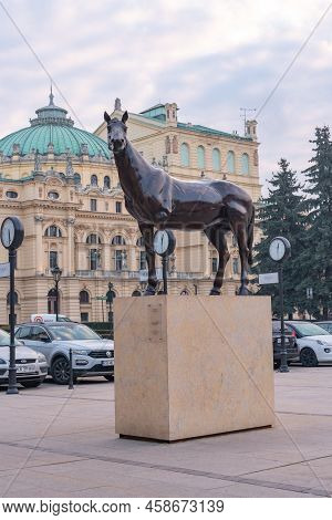 Krakow, Poland - 13 March, 2022: Statue Of A Horse With Three Legs Called 