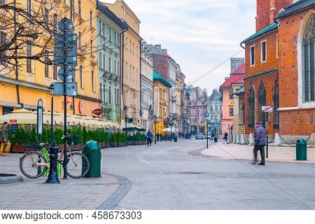 Krakow, Poland - 13 March, 2022: Main Market Square In Krakow. Tenement Houses In The Old Town