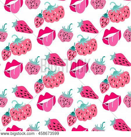 Modern Cute Seamless Pattern With  Pink And Red Lips, Strawberry For Summer Design Textile, Fabric, 
