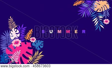 Summer Concept Design  With Colorful  Palm Trees, Tropical Leaves And Flowers Exotic Modern Design F