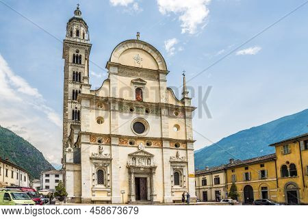 Tirano,italy - June 22,2022 - View At The Building Of The Basilica Of Madonna Di Tirano. Tirano Is A