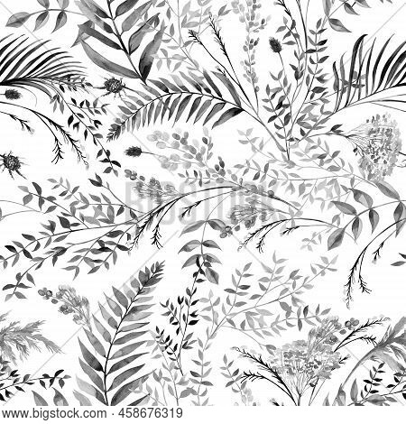Seamless Watercolor Pattern With Monochrome Black And White Branches And Fern Leaves In Boho Style D