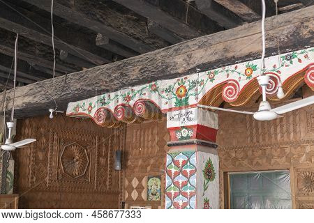 Thal, Upper Dir, Pakistan - June 10, 2022: Huge Wooden Pillars Of The Jamia Masjid Thal Valley, Paki