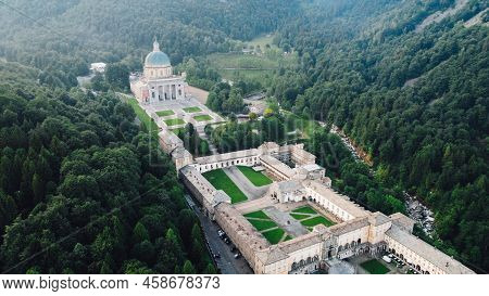 Aerial View Of The Sanctuary Of Oropa In Tj Italian Alps.