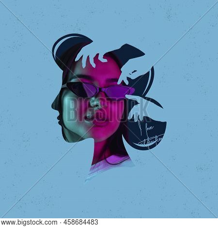 Contemporary Art Collage. Conceptual Image. Beautiful Woman Iside Drawn Head Silhouette. Need Of Att