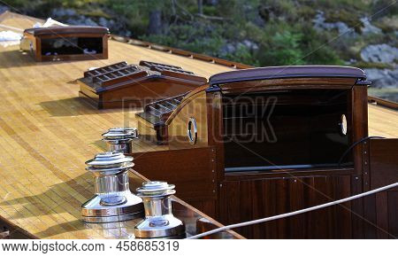 Beautiful Harmonious Antique Classic Wooden Sailboat Yacht In Scandinavia Stockholm Archipelago
