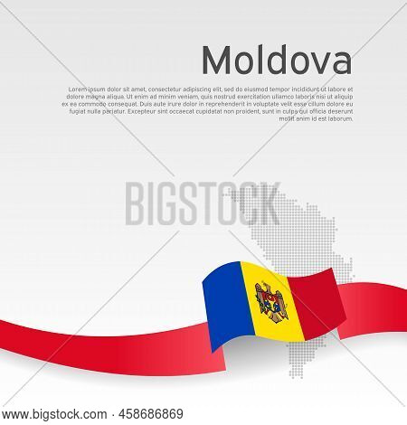Moldova Flag, Mosaic Map On White Background. Wavy Ribbon With The Moldavian Flag. Vector Banner Des