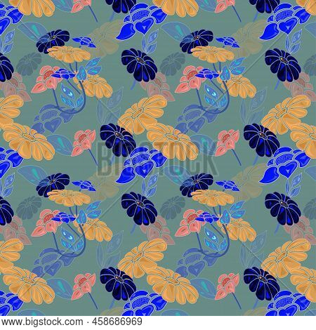 Seamless Floral Pattern Of Oxford Blue, Earth Yellow Color Daisy Flower And Blue Yonder, New York Pi