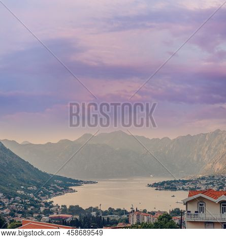 Sunset At Kotor Bay Montenegro. Sunset Beautiful Landscape. Travel Concept. Montenegro, Kotor Bay. V