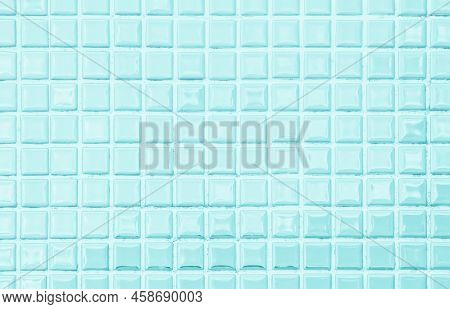 Blue Light Ceramic Wall And Floor Tiles Mosaic Background In Bathroom And Kitchen. Design Pattern Ge