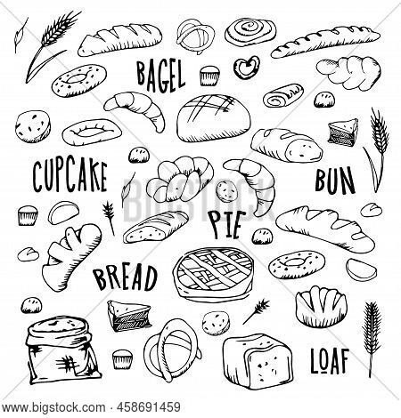 Bread Outline Icons. Drawing Rye, Whole Grain And Wheat Bread, Pretzel, Muffin, Pita , Ciabatta, Cro