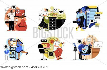 Online Education Concept. Men And Women Learning Remote Courses And Getting New Profession. Webinars