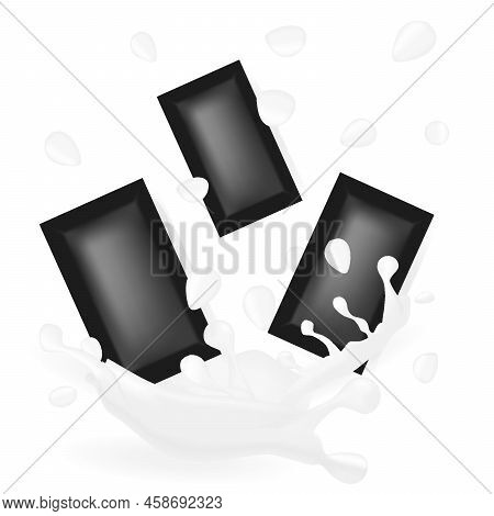 Chocolate Cubes With Splashes And Drops Of Chocolate In Retro Gray Tones. 3d Vector Food Objects