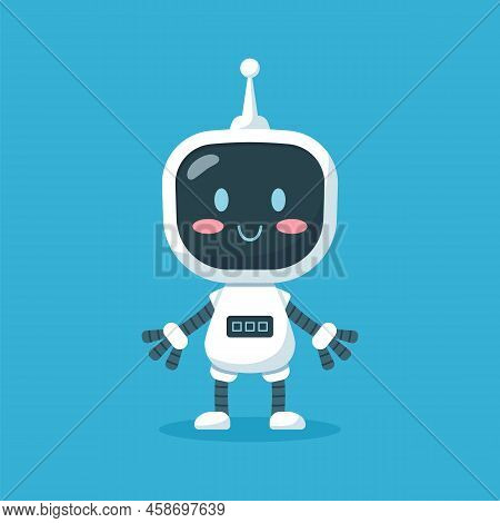 Cute Friendly Baby Robot Standing Flat Cartoon Vector Illustration Isolated.