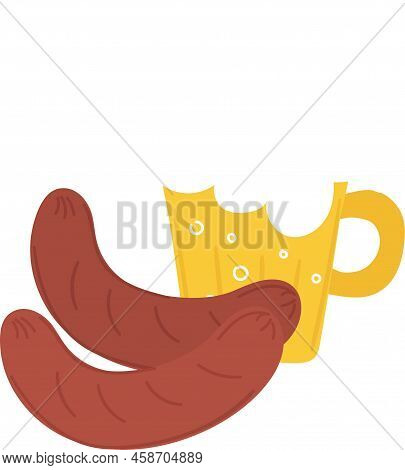 Funny Hand Drawn Set Of Beer Mug And Two Sausages. Simple Playful Funne Art Of German National Cuisi