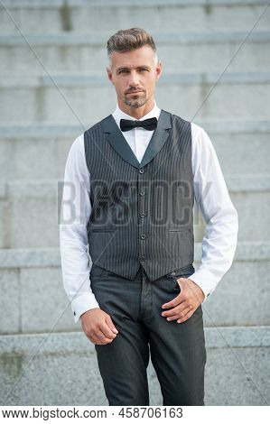 Grizzled Man In Bowtie. Grizzled Man In Formalwear. Tux Man Bridegroom
