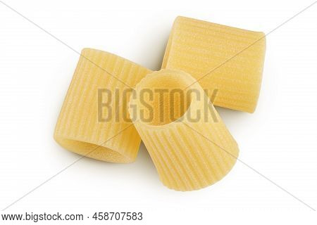 Raw Italian Pasta Isolated On White Background. Mezze Maniche Rigate Bronze Die. Top View. Flat Lay