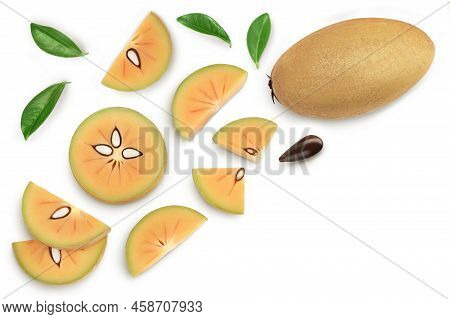 Sapodilla Slices Isolated On White Background With Full Depth Of Field. Top View. Flat Lay