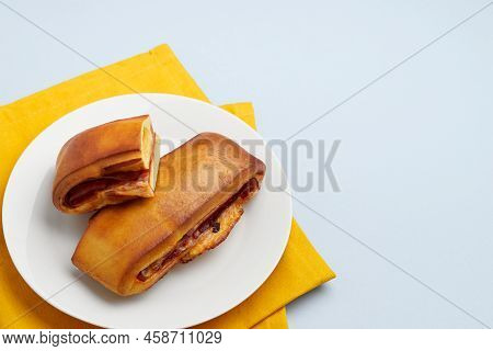 Lanche Misto Traditional Portuguese Sandwich With Cheese And Chorizo. Tasty Breakfast Over Blue Back