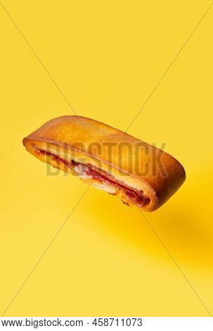 Lanche Misto Traditional Portuguese Sandwich With Cheese And Chorizo. Tasty Breakfast Over Yellow Ba