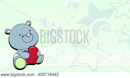Sitting Chibi Baby Rhino Character Cartoon Holding Love Red Heart, Background Illustration In Vector
