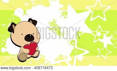 Sitting Chibi Baby Pug Dog Character Cartoon Holding Love Red Heart, Background Illustration In Vect