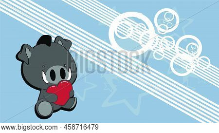 Sitting Chibi Baby Boar Character Cartoon Holding Love Red Heart, Background Illustration In Vector 