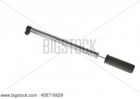 Bicycle Pump Made Of Plastic And Metal Over White Background With Copy Space