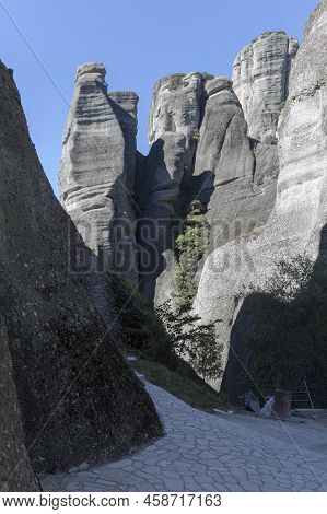 Meteora Unique And Enormous Columns Of Rock Rise Precipitously From The Ground, Beside The Pindos Mo